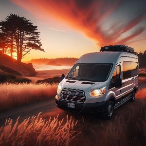 Ford Transit 350 HD extended camper van, van life in Mendocino at sunset-15